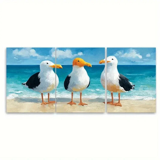 3pcs Seamless Beach Seagulls Coastal Ocean Metal Print Ready to Hang Art