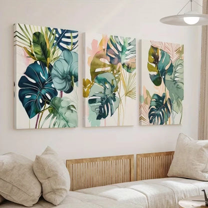 3pcs Watercolor Green Palm Leaf Design Wall Art Set Canvas Framed 60x90cm – High Quality Print 100% Australian Made Wall Canvas Ready to Hang
