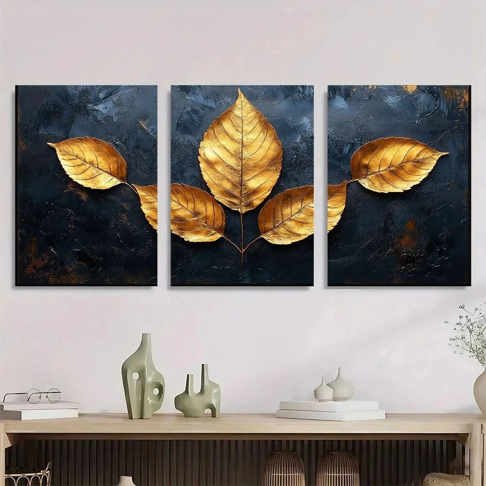 3pcs Golden leaf Flower Abstract Painting Metal Print Ready to Hang Art