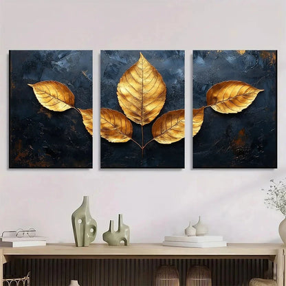 3pcs Golden leaf Flower Abstract Painting Metal Print Ready to Hang Art