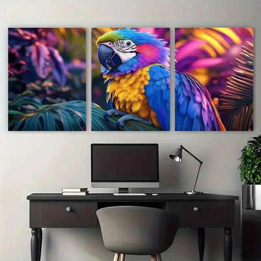 3pcs Colorful Parrot Blue Yellow Feathers Nature Wall Art Set Canvas Framed 40x60cm - High Quality Print 100% Australian Made Wall Canvas Ready to Hang