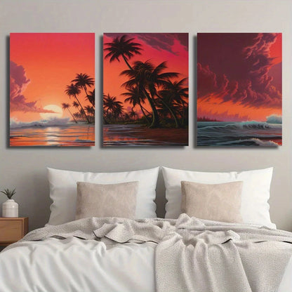 3pcs Tranquil Beach Sunset Tropical Plants Ocean Metal Print Ready to Hang Art