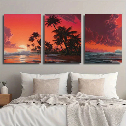 3pcs Tranquil Beach Sunset Tropical Plants Ocean Metal Print Ready to Hang Art