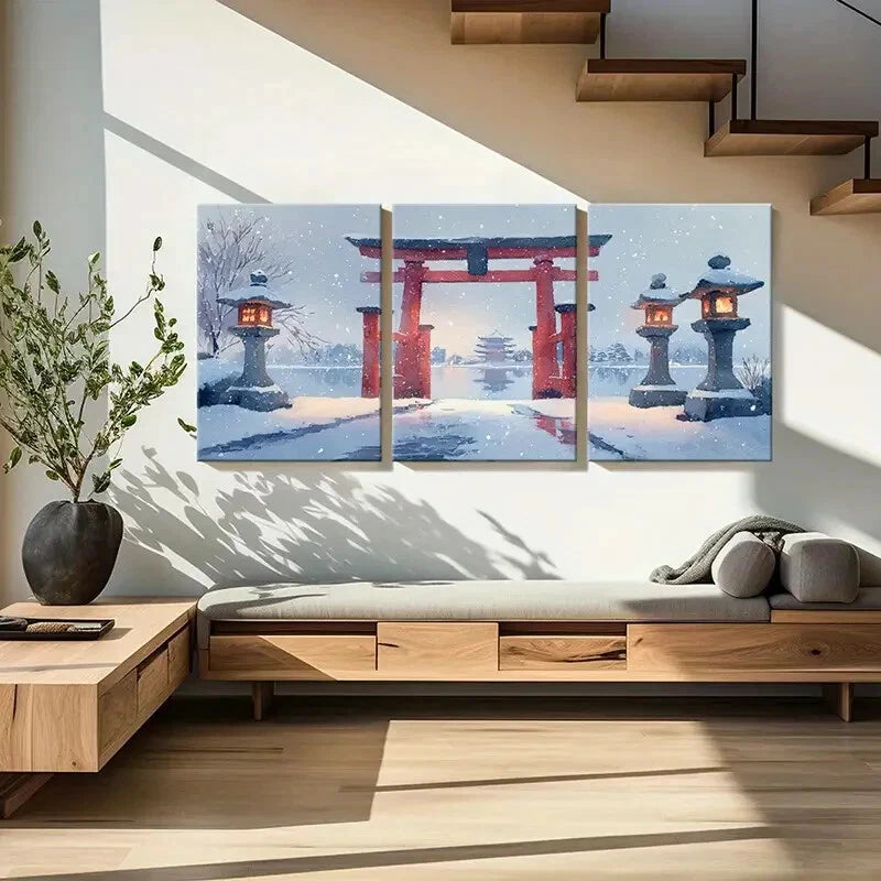 3pcs Winter Wonderland Japanese Torii Gate Metal Print Ready to Hang Art