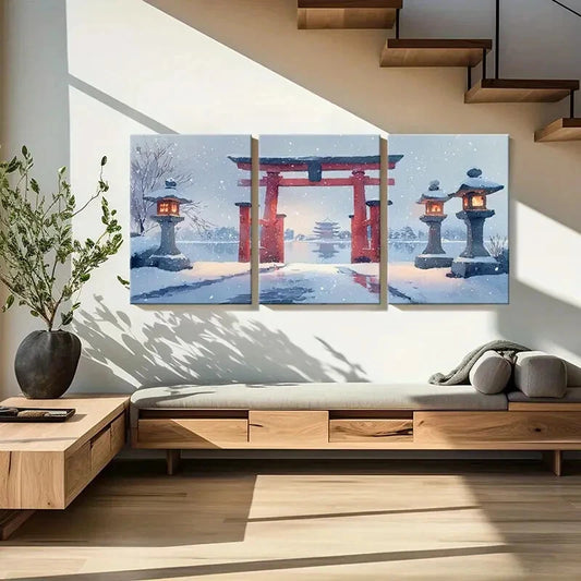 3pcs Winter Wonderland Japanese Torii Gate Metal Print Ready to Hang Art
