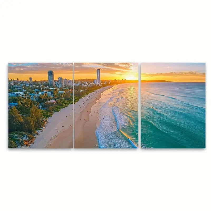 3pcs Burleigh Beach Travel Print Australia Wall Art Set Canvas Framed 50x70cm - High Quality Print 100% Australian Made Wall Canvas Ready to Hang