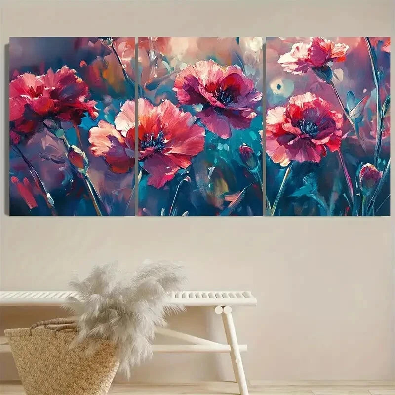 3pcs Vibrant Dianthus Nature Flower Metal Print Ready to Hang Art