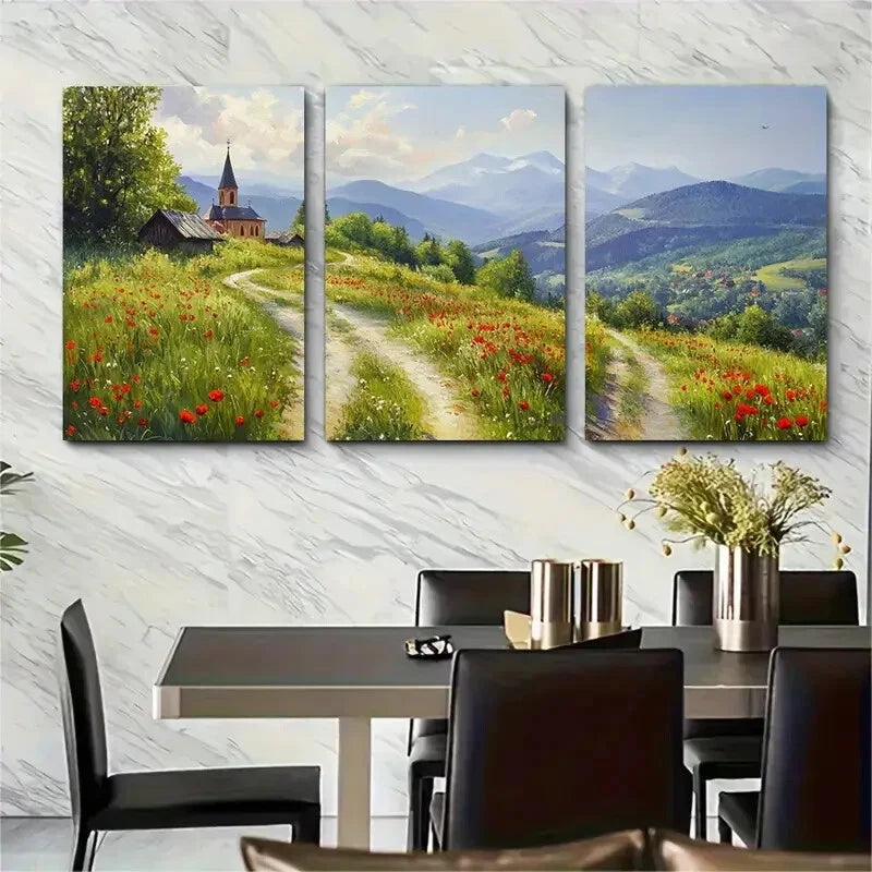 3pcs Classical Carpathians in Summer Wild Poppies Metal Print Ready to Hang Art