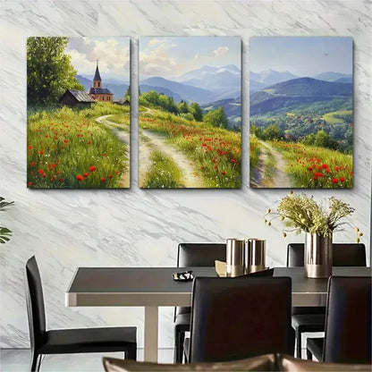 3pcs Classical Carpathians in Summer Wild Poppies Metal Print Ready to Hang Art