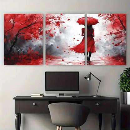 3pcs Watercolor Lady in Red with Umbrella Design Metal Print Ready to Hang Art