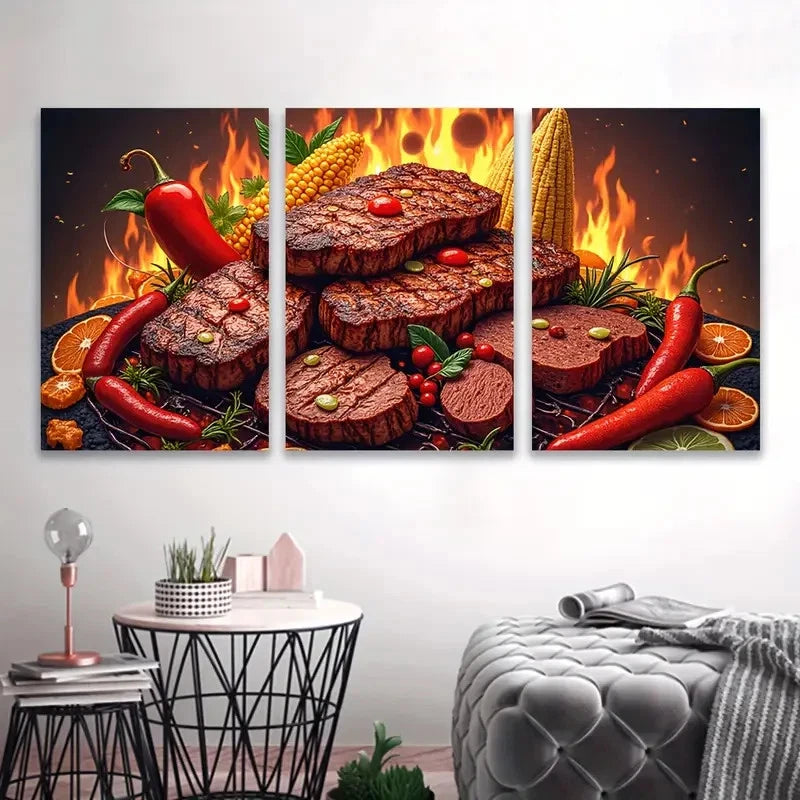 3pcs Grilled Steak With Peppers And Citrus Wall Art Set Canvas Framed 40x60cm - High Quality Print 100% Australian Made Wall Canvas Ready to Hang