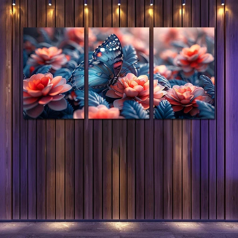 3pcs Vibrant Butterfly Among Blossoms Metal Print Ready to Hang Art