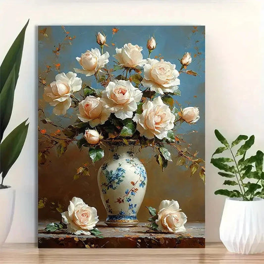 Beautiful Elegant White Roses In Vase Painting 40x60cm Metal Print Ready to Hang