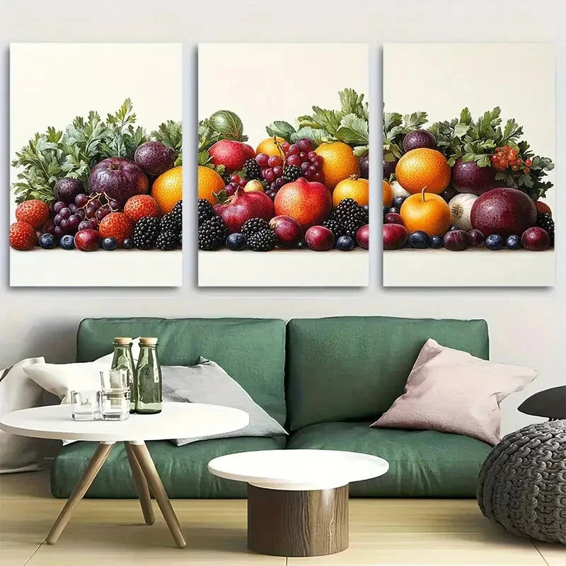 3pcs Vibrant Modern Fruits and Vegetables Kitchen Metal Print Ready to Hang Art