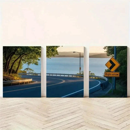 3pcs Blue Lake, Curved Road, Green Trees Wall Art Set Canvas Framed 40x60cm - High Quality Print 100% Australian Made Wall Canvas Ready to Hang