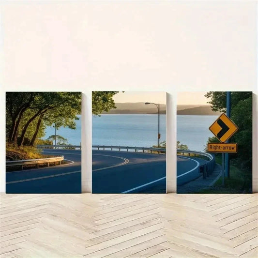 3pcs Blue Lake, Curved Road, Green Trees Wall Art Set Canvas Framed 40x60cm - High Quality Print 100% Australian Made Wall Canvas Ready to Hang