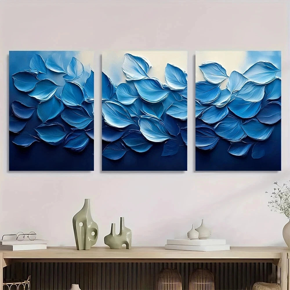 3pcs Abstract Blue Leaf Textured Swirling Metal Print Ready to Hang Art