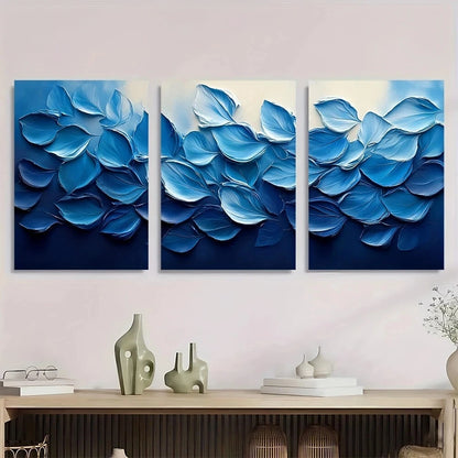 3pcs Abstract Blue Leaf Textured Swirling Metal Print Ready to Hang Art