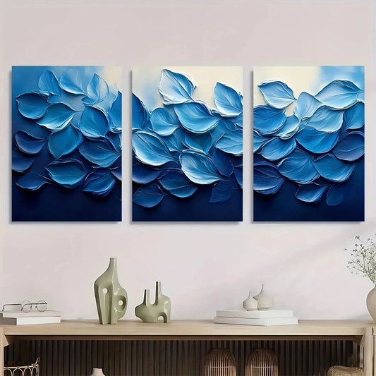 3pcs Abstract Blue Leaf Textured Swirling Metal Print Ready to Hang Art