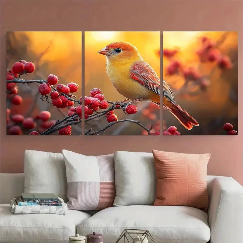 3pcs Red Bird Nature Illustration Metal Print Ready to Hang Art