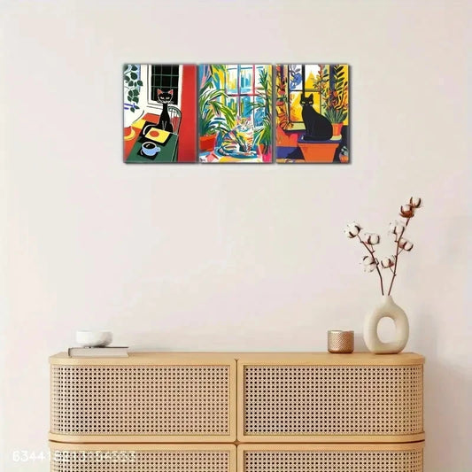 3pcs Vibrant Cat and Plant Canvas Wall Art Metal Print Ready to Hang Art