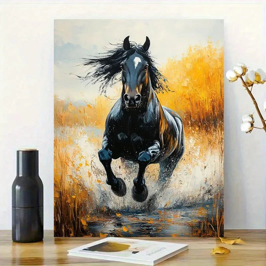 Black Horse In Motion Vibrant Brushstrokes Painting 40x60cm Metal Print Ready to Hang