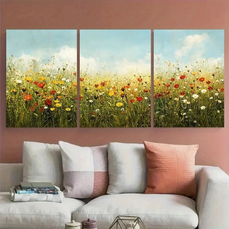 3pcs Summer Bliss Vintage Wildflower Field Wall Art Set Canvas Framed 50x70cm - High Quality Print 100% Australian Made Wall Canvas Ready to Hang