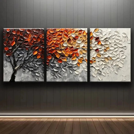 3pcs Autumn Trees Colourful Red and Gray Metal Print Ready to Hang Art