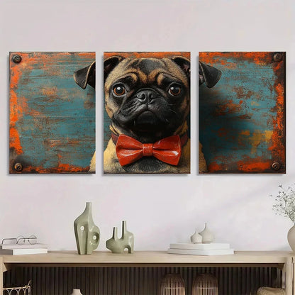 3pcs Vintage Pug with Bowtie Rustic Teal & Orange Metal Print Ready to Hang Art