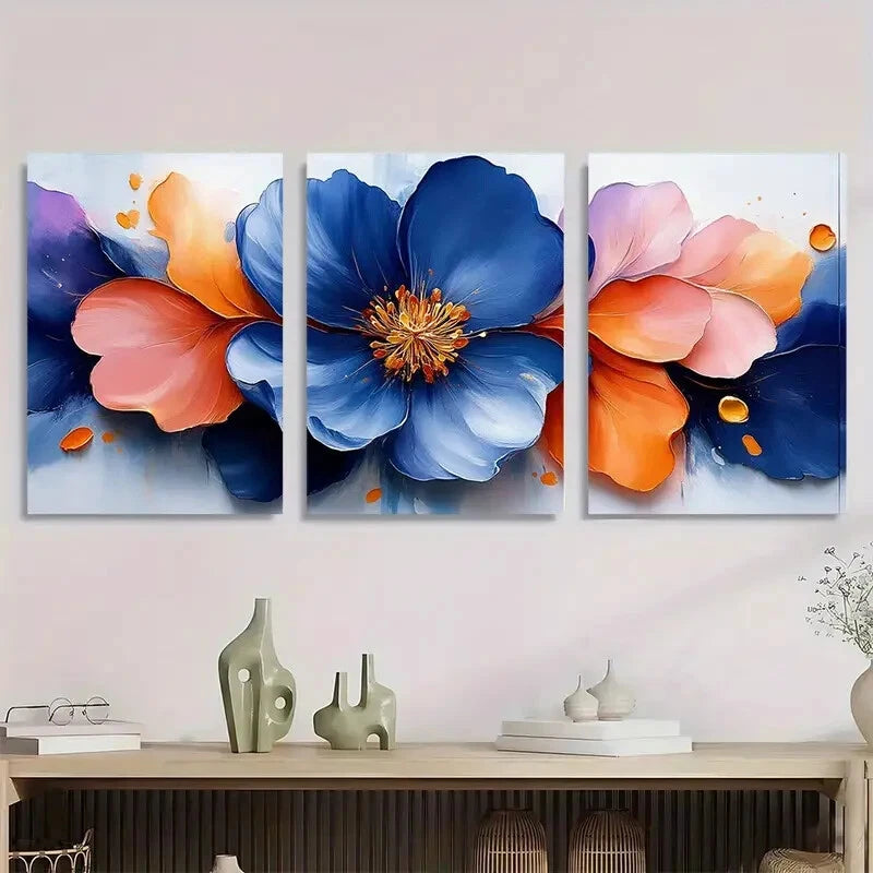 3pcs Vibrant Abstract Floral Modern Metal Print Ready to Hang Art