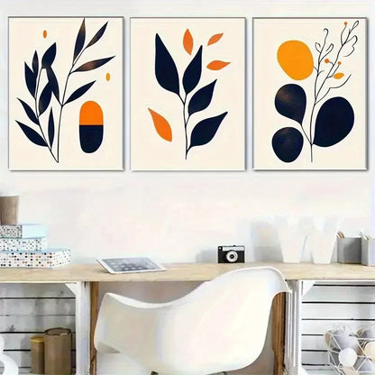 3pcs Deep Blue and Orange Plant Shapes Metal Print Ready to Hang Art