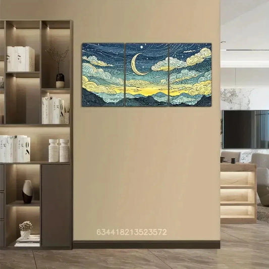3pcs Dreamy Mountain And Moon Paintings Metal Print Ready to Hang Art
