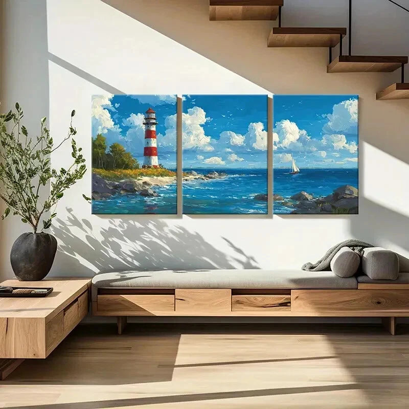 3pcs Coastal Scene Blue Sky White Clouds Metal Print Ready to Hang Art