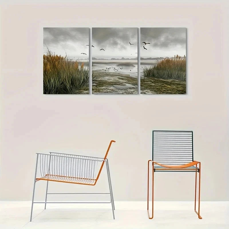 3pcs Misty Lake with Flying Birds Metal Print Ready to Hang Art