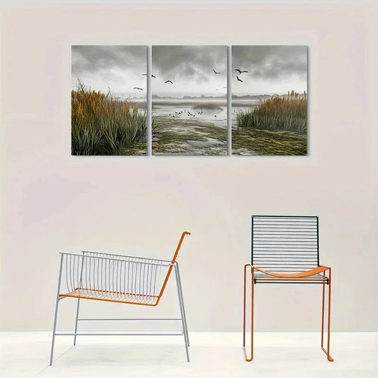 3pcs Misty Lake with Flying Birds Metal Print Ready to Hang Art