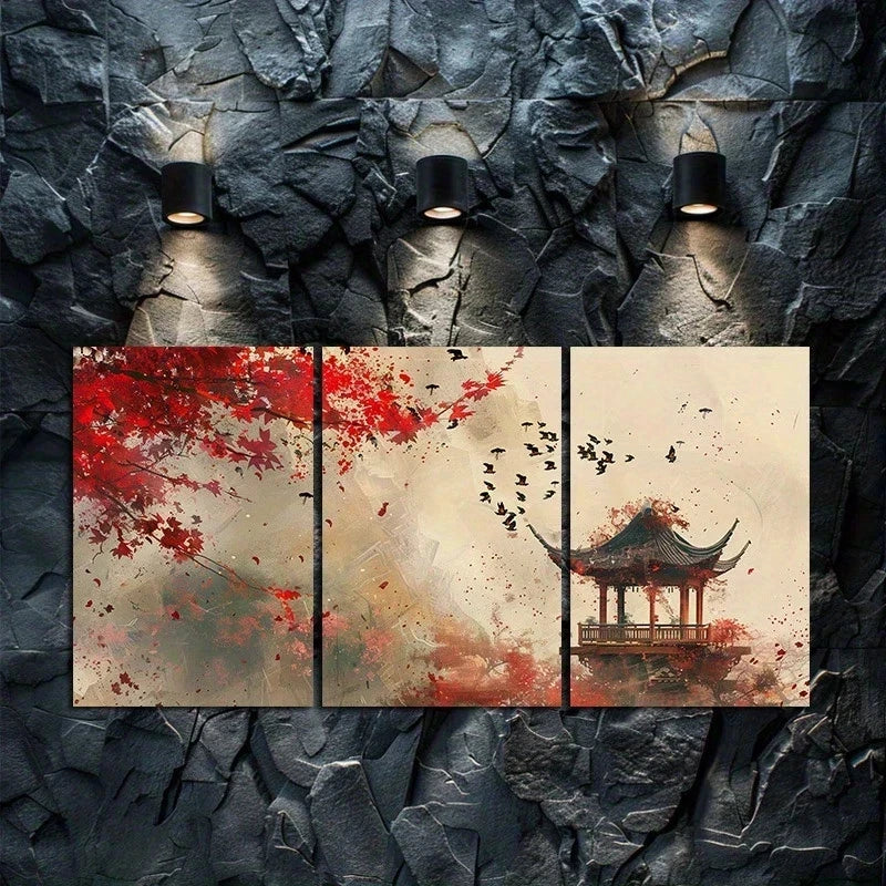3pcs Chinese Landscape Painting Illustration Metal Print Ready to Hang Art