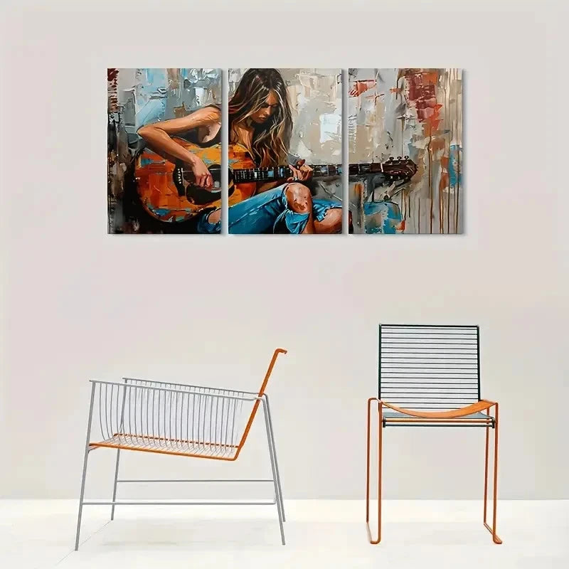 3pcs Woman with Guitar Painting Metal Print Ready to Hang Art