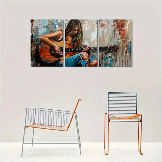 3pcs Woman with Guitar Painting Metal Print Ready to Hang Art