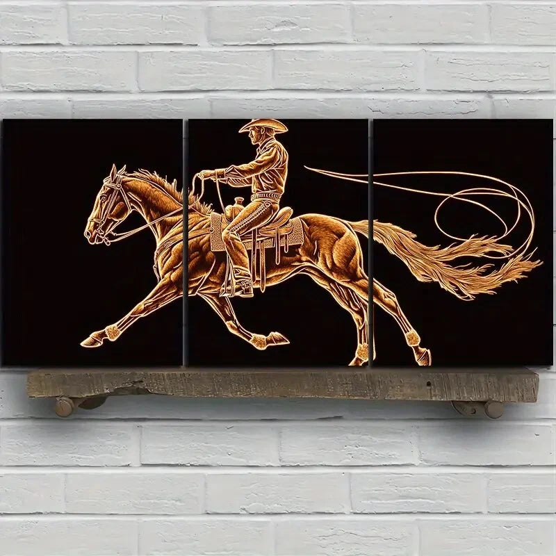 3pcs A Man Riding a Horse Golden Themed Metal Print Ready to Hang Art