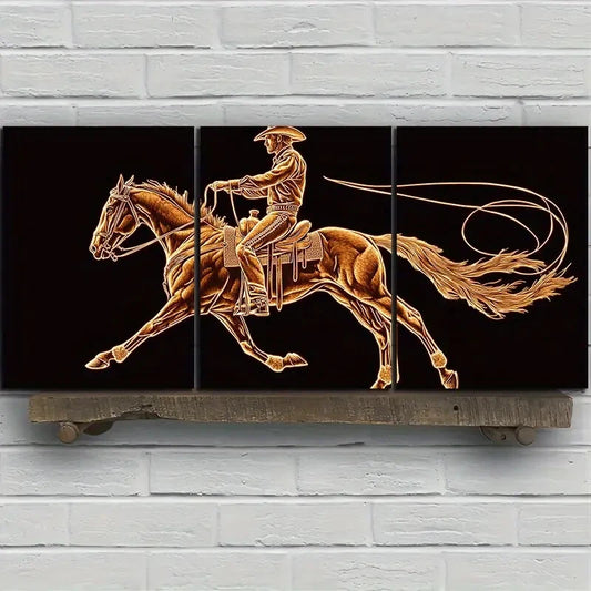 3pcs A Man Riding a Horse Golden Themed Metal Print Ready to Hang Art
