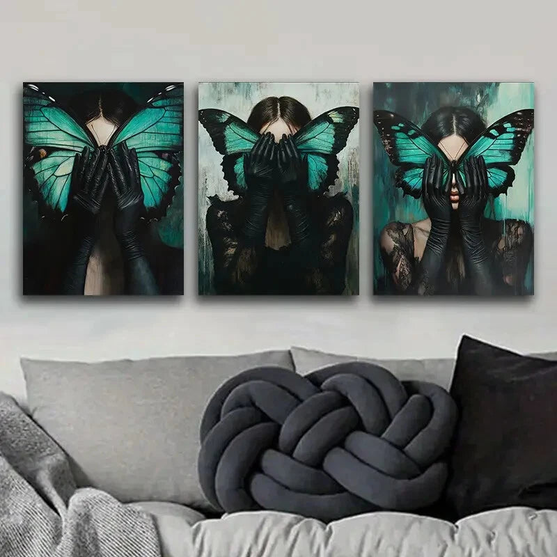3pcs The Woman with The Green Butterfly On Face Metal Print Ready to Hang Art