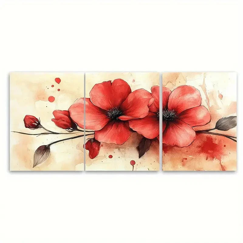 3pcs Elegant Blooming Red Floral Watercolor Wall Art Set Canvas Framed 40x60cm - High Quality Print 100% Australian Made Wall Canvas Ready to Hang