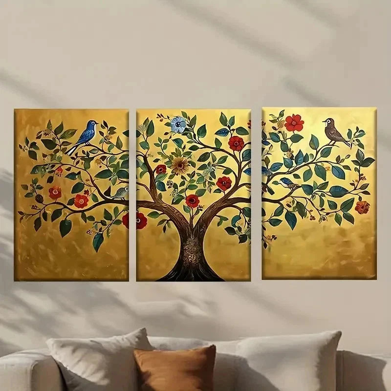 3pcs Tree with Birds and Colorful Flowers Wall Art Set Canvas Framed 40x60cm - High Quality Print 100% Australian Made Wall Canvas Ready to Hang