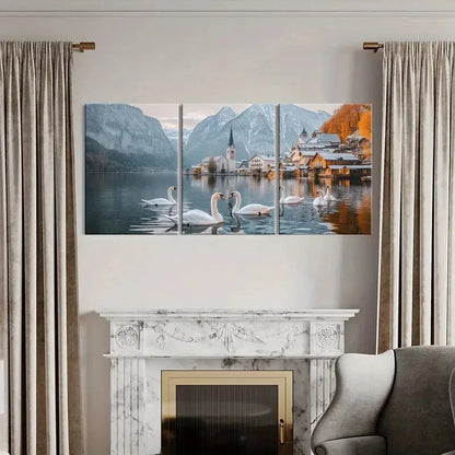 3pcs Swan Alpine Village Snowy Peaks Metal Print Ready to Hang Art