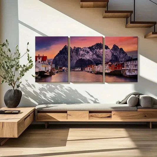 3pcs Mountains Small Town and Lake Wall Art Set Canvas Framed 40x60cm - High Quality Print 100% Australian Made Wall Canvas Ready to Hang