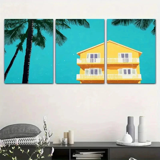 3pcs Palm Tree Blue Building Painting Metal Print Ready to Hang Art