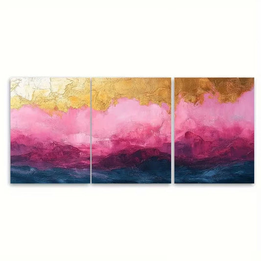 3pcs Elegant Blush Pink and Golden Abstract Metal Print Ready to Hang Art