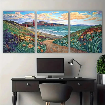 3pcs Baker Beach Golden Gate Bridge Wall Art Set Canvas Framed 40x60cm - High Quality Print 100% Australian Made Wall Canvas Ready to Hang