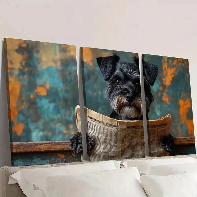 3pcs Black Schnauzer Dog Reading Newspaper Wall Art Set Canvas Framed 40x60cm - High Quality Print 100% Australian Made Wall Canvas Ready to Hang