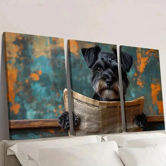 3pcs Black Schnauzer Dog Reading Newspaper Wall Art Set Canvas Framed 40x60cm - High Quality Print 100% Australian Made Wall Canvas Ready to Hang